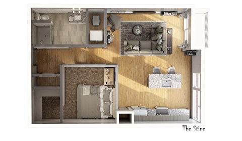 Floor plan for 1 bed, 1 bath, 665 sqft
